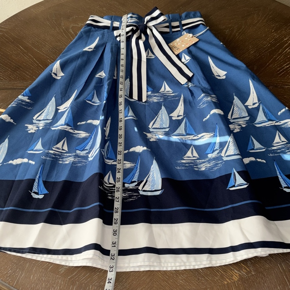 Pleated, A-Cut Sailboats on the Ocean With Stripes Fabric Belt (Size-M) - Picture 11 of 11